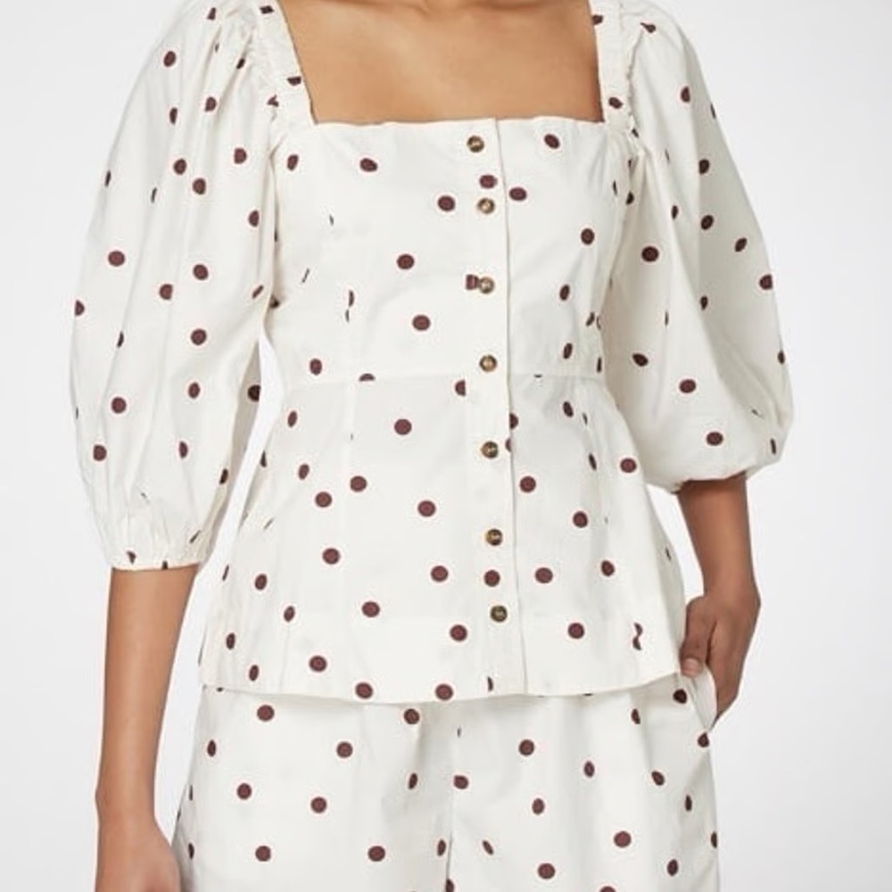 NWT GANNI Polka Dot Puff Sleeve Poplin Top